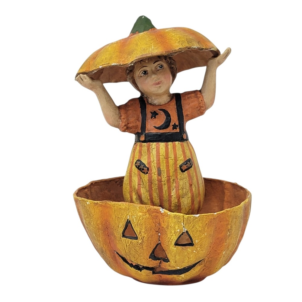 Bethany Lowe Hide N Seek Figurine Halloween Girl Hiding in Pumpkin Paper Mache